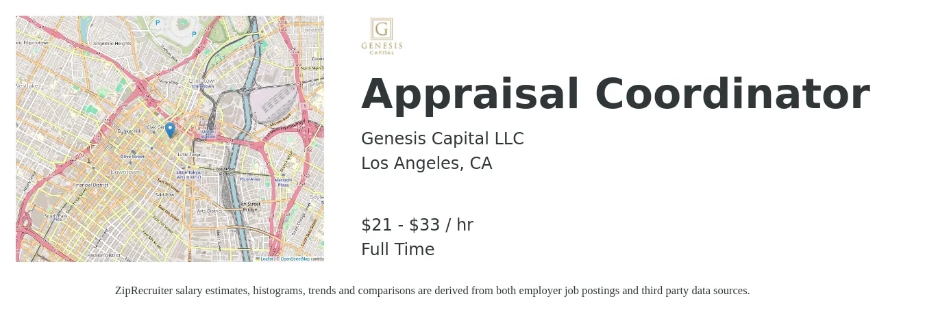 Genesis Capital LLC job posting for a Appraisal Coordinator in Los Angeles, CA with a salary of $23 to $31 Hourly with a map of Los Angeles location.