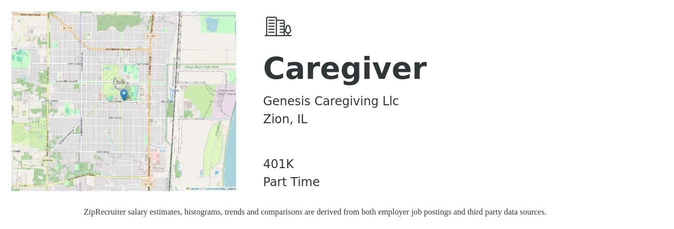 Genesis Caregiving Llc job posting for a Caregiver in Zion, IL with a salary of $200 to $220 Daily and benefits including 401k with a map of Zion location.