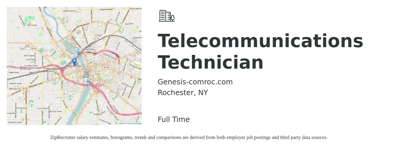Genesis-comroc.com job posting for a Telecommunications Technician in Rochester, NY with a salary of $23 to $34 Hourly with a map of Rochester location.