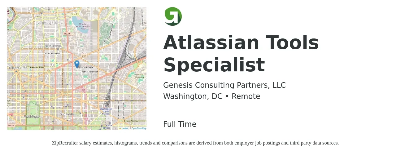 Genesis Consulting Partners, LLC job posting for a Atlassian Tools Specialist in Washington, DC with a salary of $22 to $39 Hourly with a map of Washington location.