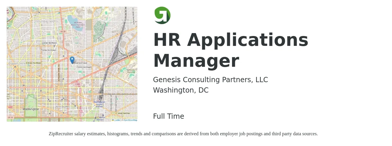 Genesis Consulting Partners, LLC job posting for a HR Applications Manager in Washington, DC with a salary of $114,000 to $142,700 Yearly with a map of Washington location.