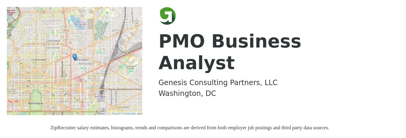 Genesis Consulting Partners, LLC job posting for a PMO Business Analyst in Washington, DC with a salary of $71 to $102 Hourly with a map of Washington location.