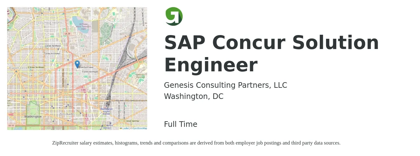 Genesis Consulting Partners, LLC job posting for a SAP Concur Solution Engineer in Washington, DC with a salary of $114,500 to $158,500 Yearly with a map of Washington location.