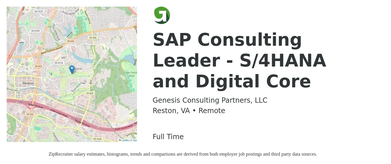 Genesis Consulting Partners, LLC job posting for a SAP Consulting Leader - S/4HANA and Digital Core in Reston, VA with a salary of $77 to $96 Hourly with a map of Reston location.