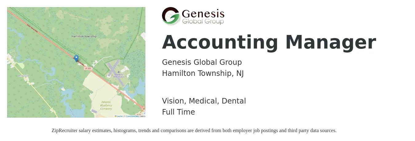 Genesis Global Group job posting for a Accounting Manager in Hamilton Township, NJ with a salary of $74,800 to $107,300 Yearly and benefits including dental, life_insurance, medical, pto, retirement, and vision with a map of Hamilton Township location.