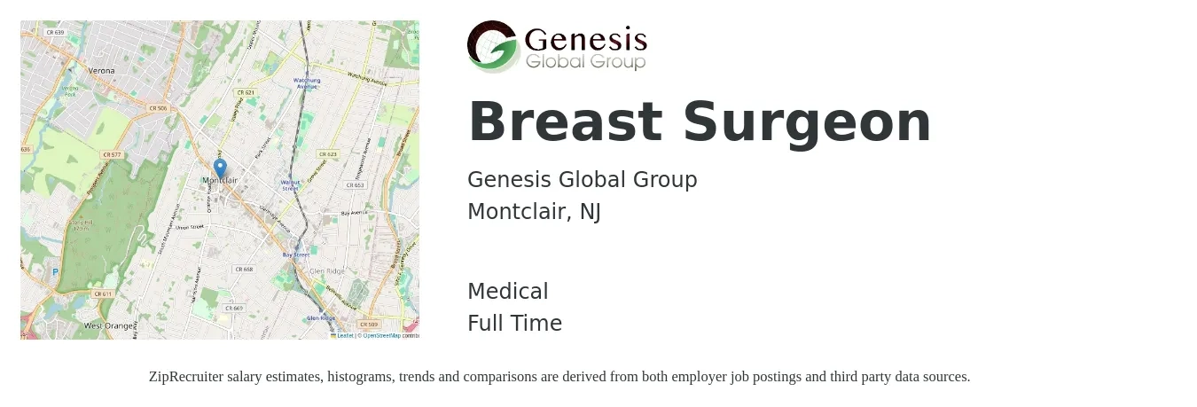 Genesis Global Group job posting for a Breast Surgeon in Montclair, NJ with a salary of $51 to $195 Hourly and benefits including medical, and pto with a map of Montclair location.