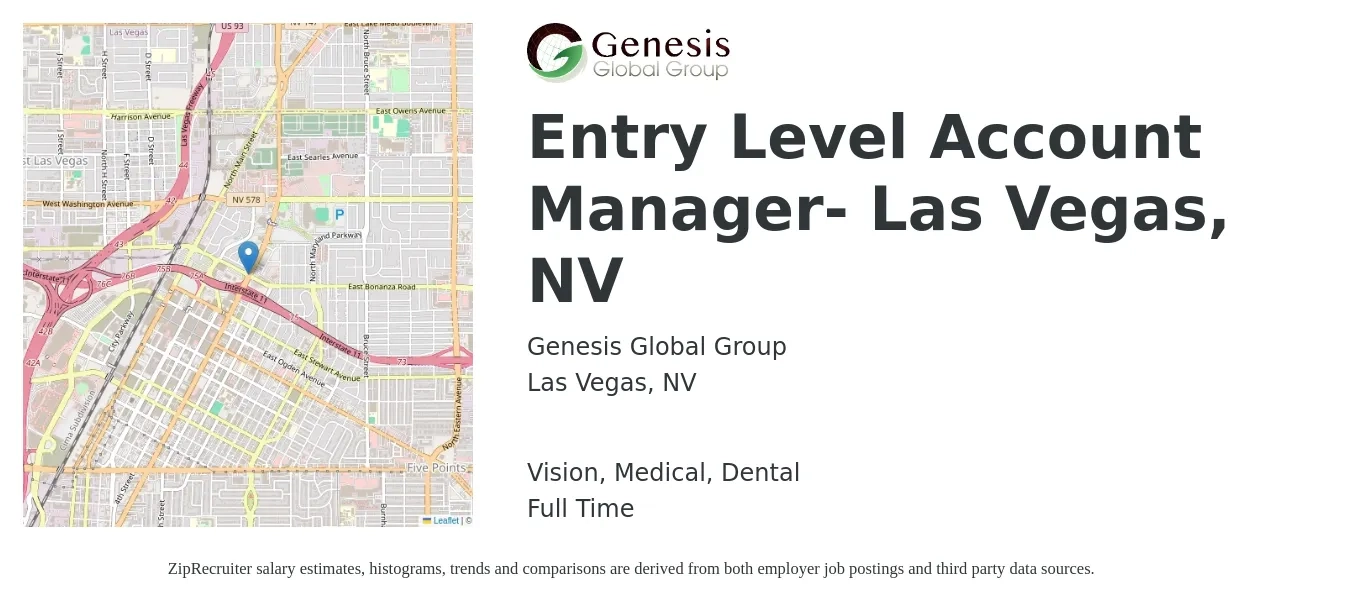 Genesis Global Group job posting for a Entry Level Account Manager- Las Vegas, NV in Las Vegas, NV with a salary of $42,000 to $50,600 Yearly and benefits including vision, dental, life_insurance, medical, and pto with a map of Las Vegas location.