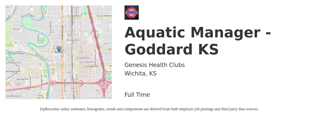 Genesis Health Clubs job posting for a Aquatic Manager - Goddard KS in Wichita, KS with a salary of $16 to $24 Hourly with a map of Wichita location.