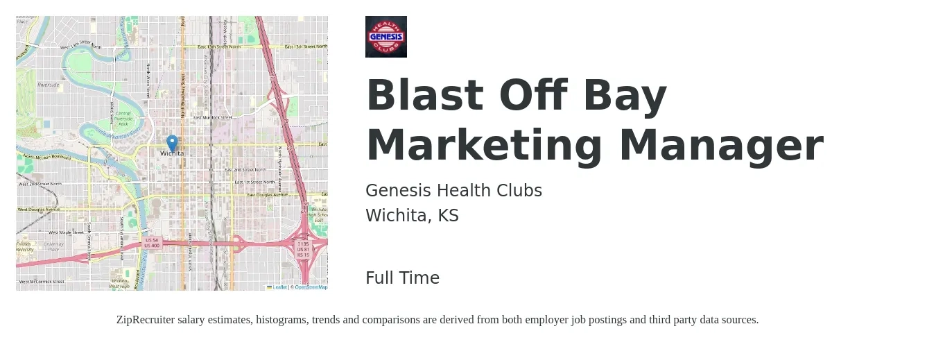 Genesis Health Clubs job posting for a Blast Off Bay Marketing Manager in Wichita, KS with a salary of $53,700 to $87,700 Yearly with a map of Wichita location.
