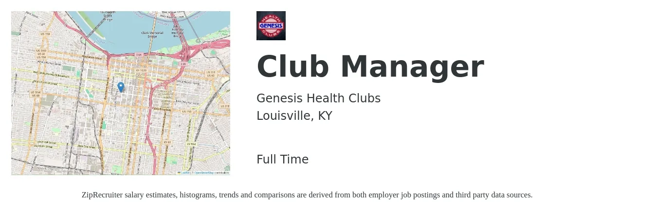 Genesis Health Clubs job posting for a Club Manager in Louisville, KY with a salary of $41,200 to $47,600 Yearly with a map of Louisville location.