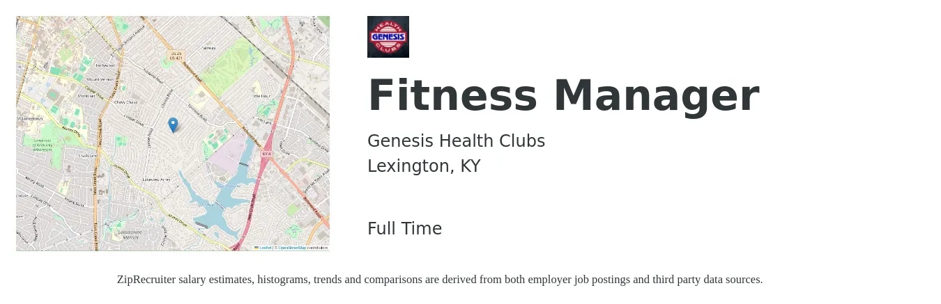 Genesis Health Clubs job posting for a Fitness Manager in Lexington, KY with a salary of $39,600 to $61,800 Yearly with a map of Lexington location.
