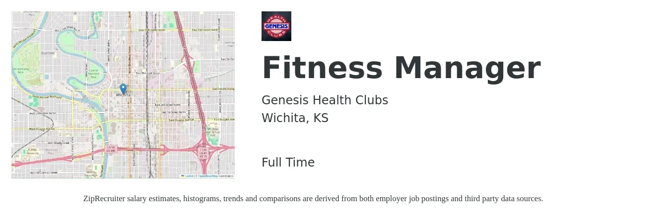 Genesis Health Clubs job posting for a Fitness Manager in Wichita, KS with a salary of $35,800 to $55,900 Yearly with a map of Wichita location.