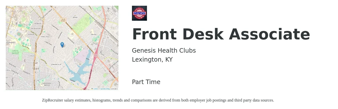 Genesis Health Clubs job posting for a Front Desk Associate in Lexington, KY with a salary of $14 to $18 Hourly with a map of Lexington location.