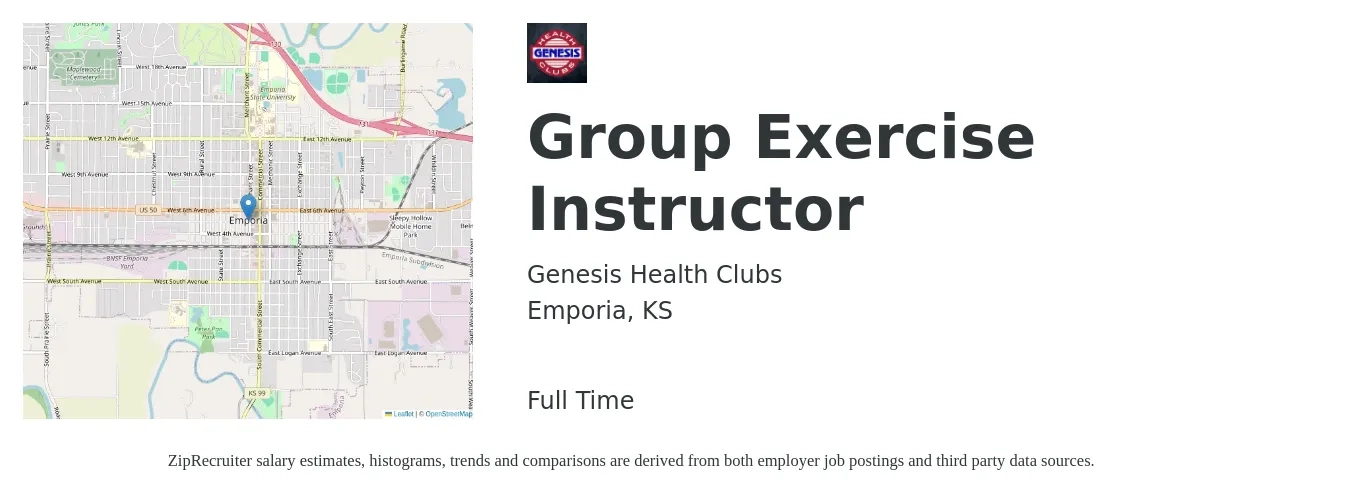 Genesis Health Clubs job posting for a Group Exercise Instructor in Emporia, KS with a salary of $15 to $25 Hourly with a map of Emporia location.