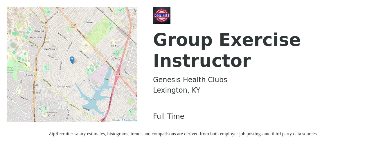 Genesis Health Clubs job posting for a Group Exercise Instructor in Lexington, KY with a salary of $18 to $30 Hourly with a map of Lexington location.