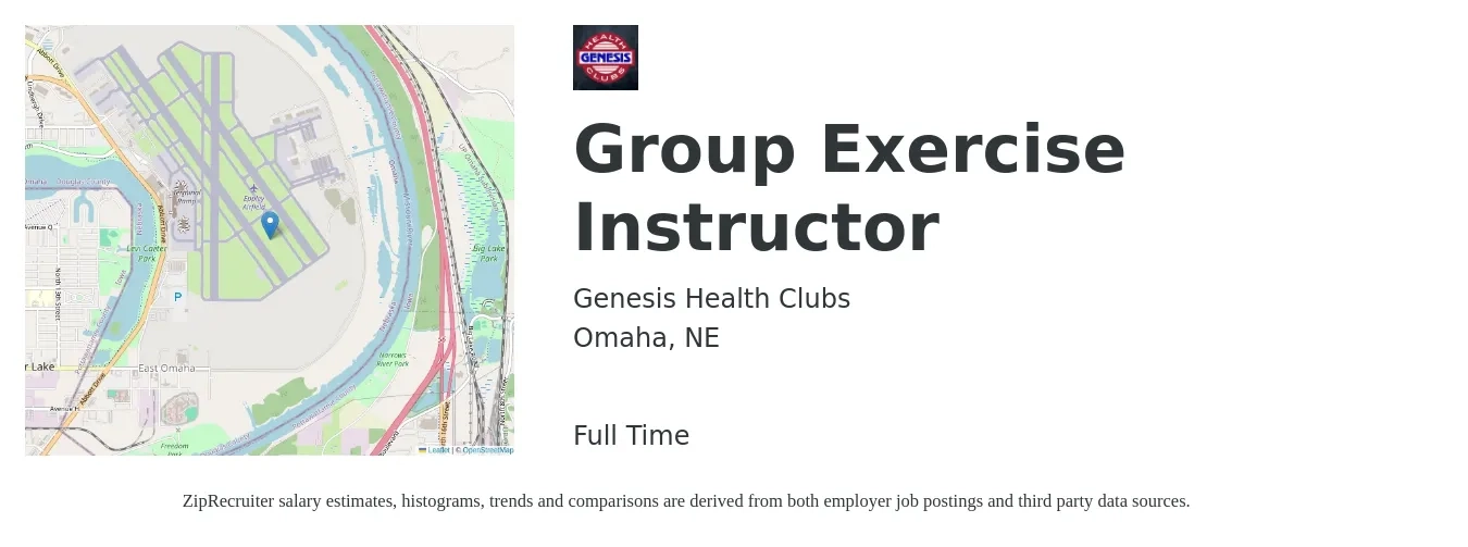 Genesis Health Clubs job posting for a Group Exercise Instructor in Omaha, NE with a salary of $17 to $28 Hourly with a map of Omaha location.