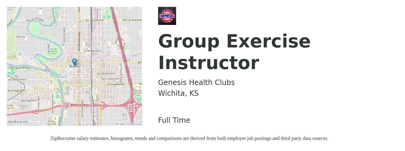 Genesis Health Clubs job posting for a Group Exercise Instructor in Wichita, KS with a salary of $16 to $27 Hourly with a map of Wichita location.