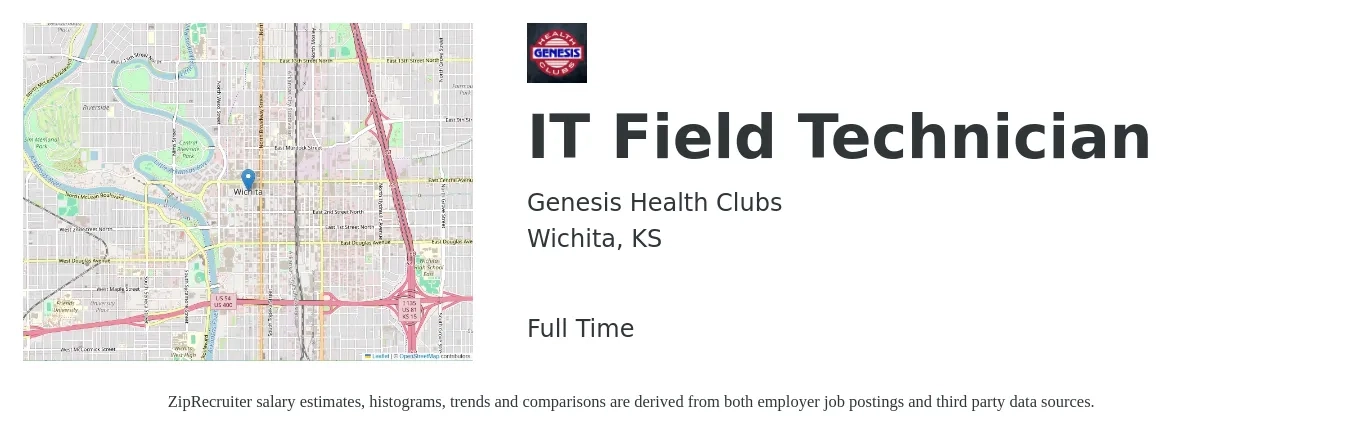 Genesis Health Clubs job posting for a IT Field Technician in Wichita, KS with a salary of $18 to $26 Hourly with a map of Wichita location.