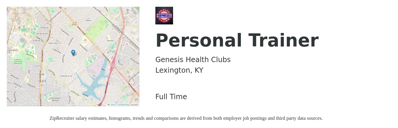 Genesis Health Clubs job posting for a Personal Trainer in Lexington, KY with a salary of $20 to $32 Hourly with a map of Lexington location.
