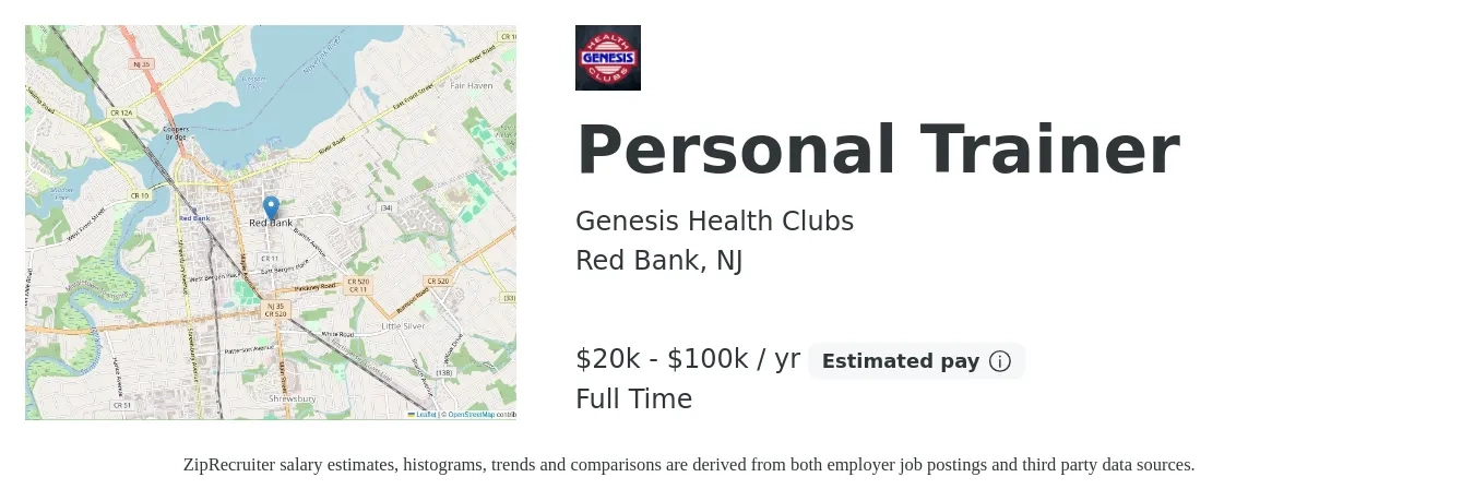 Genesis Health Clubs job posting for a Personal Trainer in Red Bank, NJ with a salary of $20,000 to $100,000 Yearly with a map of Red Bank location.