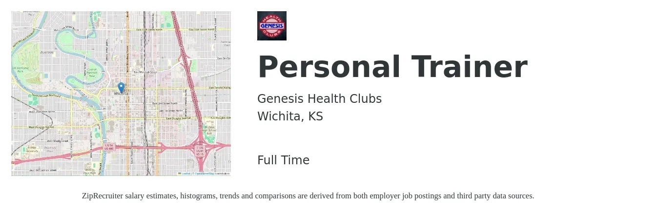 Genesis Health Clubs job posting for a PERSONAL TRAINER in Wichita, KS with a salary of $18 to $29 Hourly with a map of Wichita location.