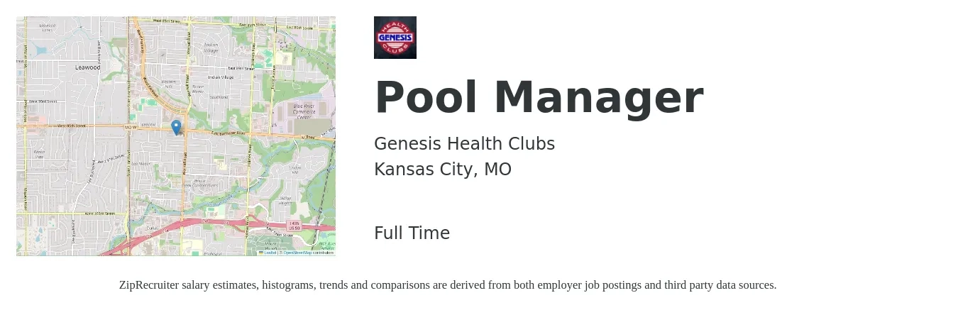 Genesis Health Clubs job posting for a Pool Manager in Kansas City, MO with a salary of $15 to $22 Hourly with a map of Kansas City location.
