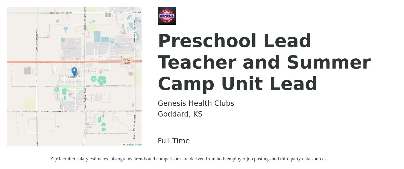 Genesis Health Clubs job posting for a Preschool Lead Teacher and Summer Camp Unit Lead in Goddard, KS with a salary of $16 to $20 Hourly with a map of Goddard location.