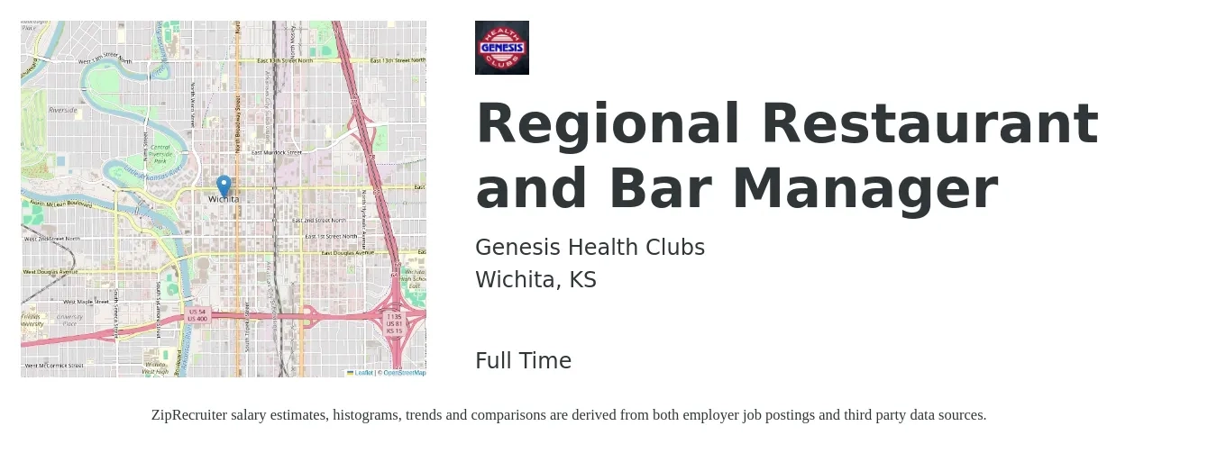 Genesis Health Clubs job posting for a Regional Restaurant and Bar Manager in Wichita, KS with a map of Wichita location.