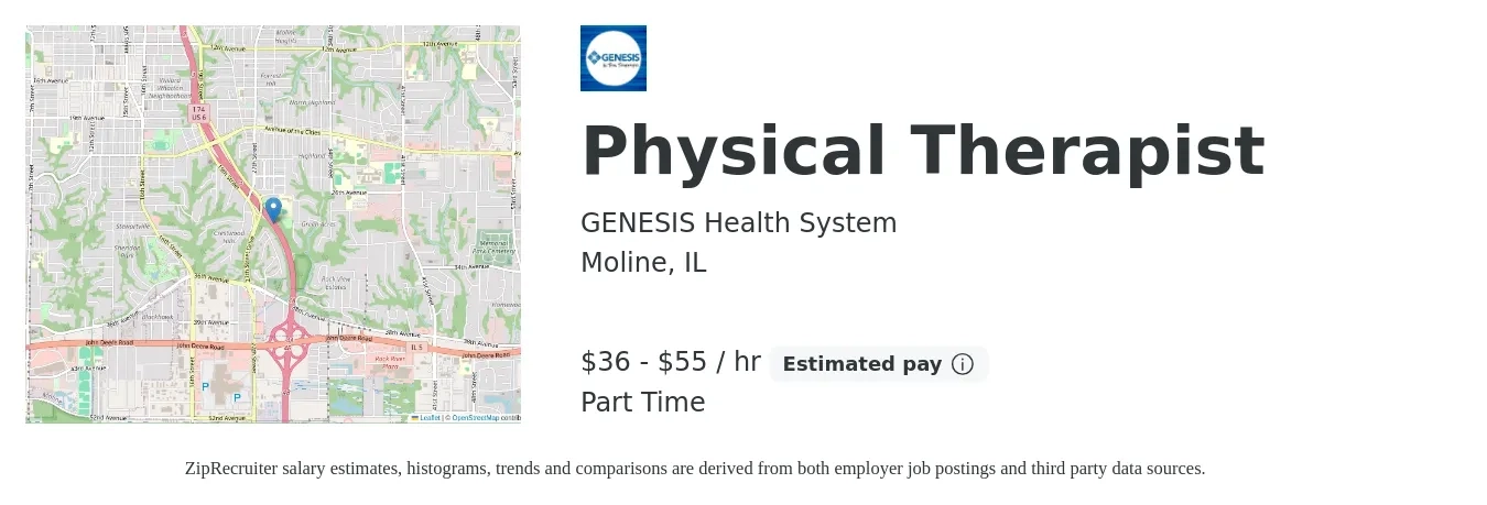 GENESIS Health System job posting for a Physical Therapist in Moline, IL with a salary of $35 to $52 Hourly with a map of Moline location.