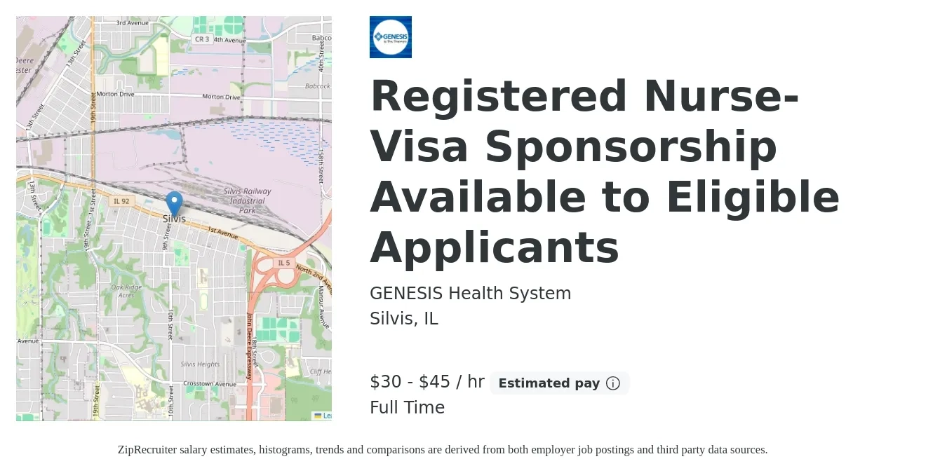 GENESIS Health System job posting for a Registered Nurse-Visa Sponsorship Available to Eligible Applicants in Silvis, IL with a salary of $31 to $47 Hourly with a map of Silvis location.