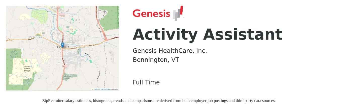 Genesis Healthcare job posting for a Activity Assistant in Bennington, VT with a salary of $17 to $19 Hourly with a map of Bennington location.
