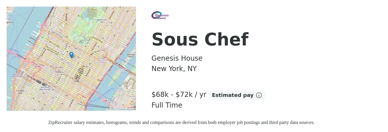 Genesis House job posting for a Sous Chef in New York, NY with a salary of $68,000 to $72,000 Yearly with a map of New York location.