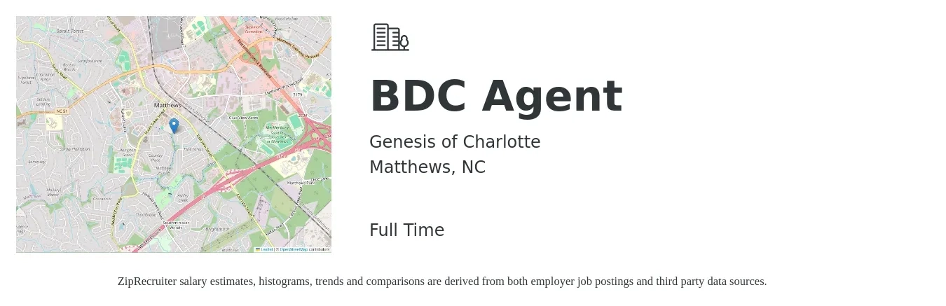 Genesis of Charlotte job posting for a BDC Agent in Matthews, NC with a salary of $42,300 to $65,800 Yearly with a map of Matthews location.
