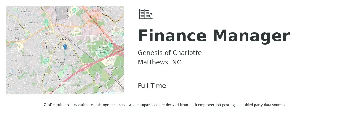 Genesis of Charlotte job posting for a Finance Manager in Matthews, NC with a salary of $15,000 to $30,000 Monthly with a map of Matthews location.