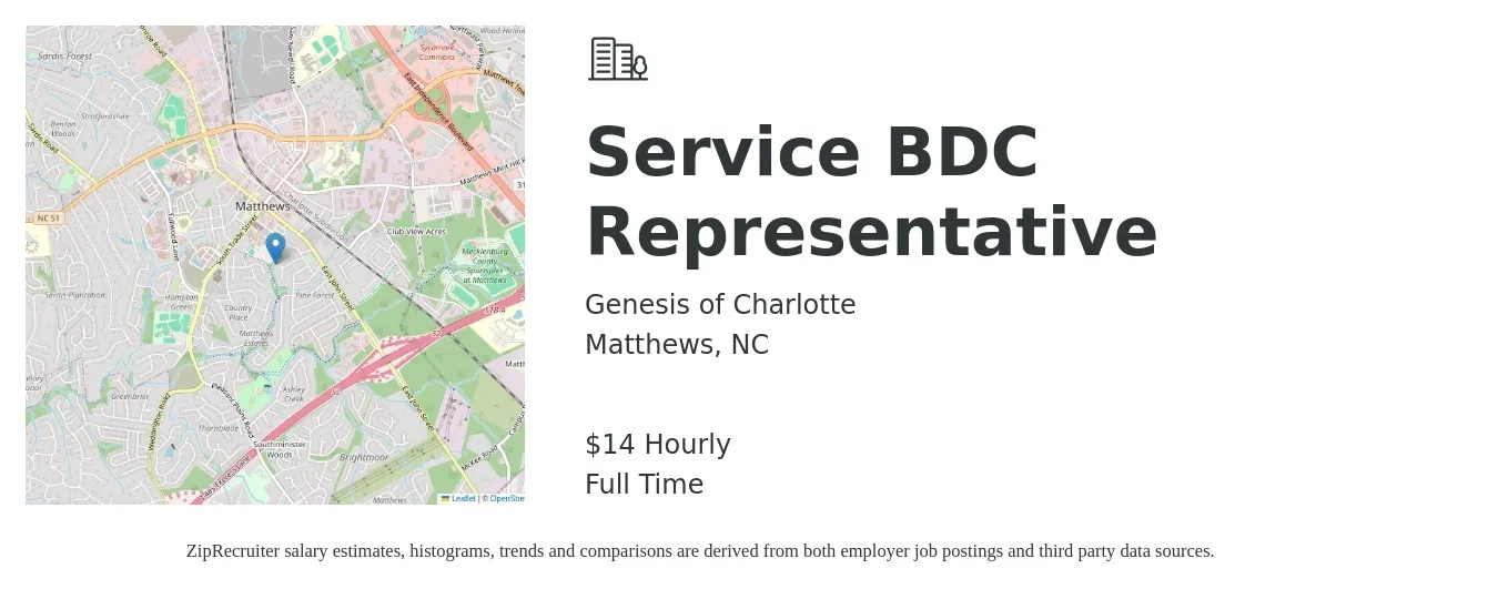 Genesis of Charlotte job posting for a Service BDC Representative in Matthews, NC with a salary of $15 Hourly with a map of Matthews location.