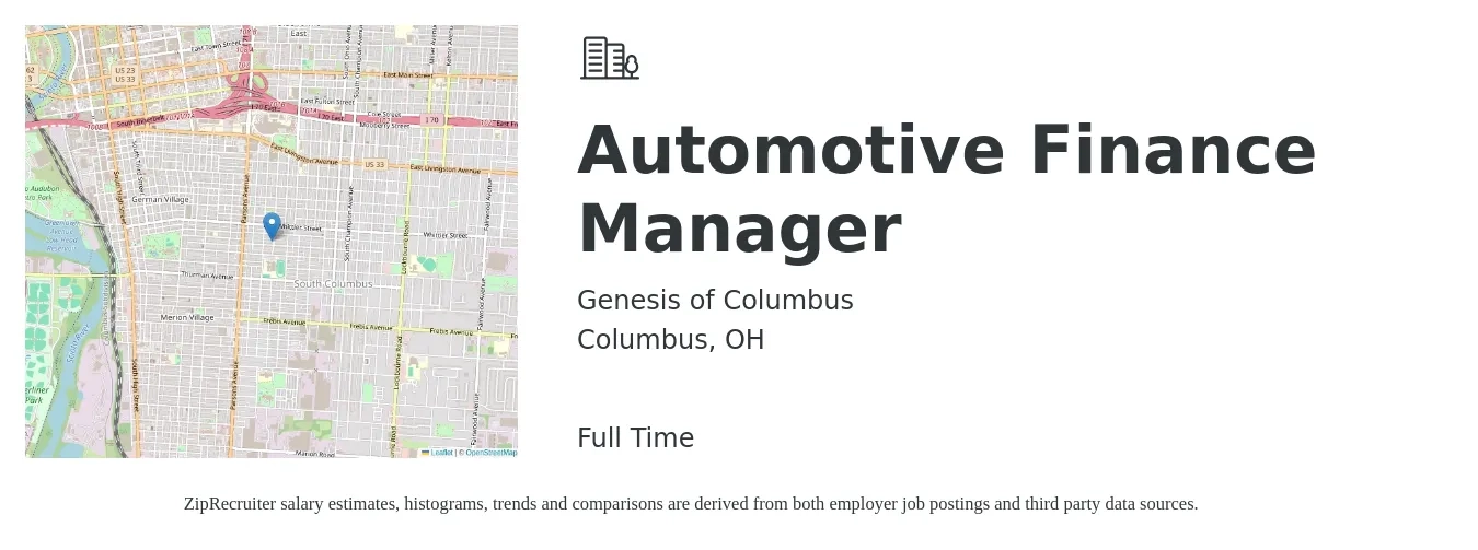 Genesis of Columbus job posting for a Automotive Finance Manager in Columbus, OH with a salary of $102,900 to $168,100 Yearly with a map of Columbus location.