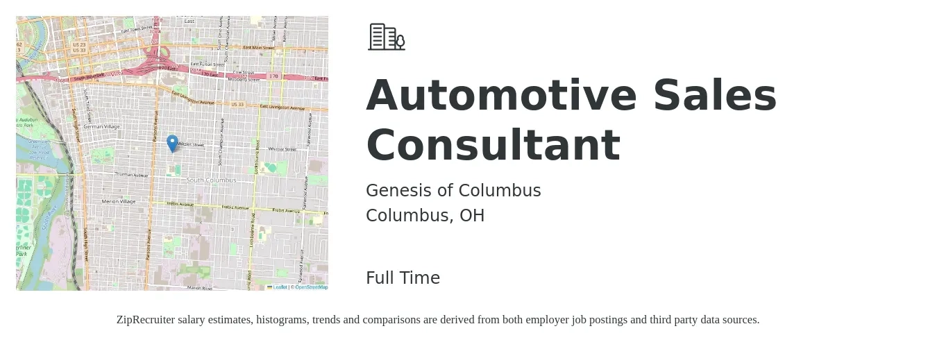 Genesis of Columbus job posting for a Automotive Sales Consultant in Columbus, OH with a salary of $39,600 to $77,300 Yearly with a map of Columbus location.