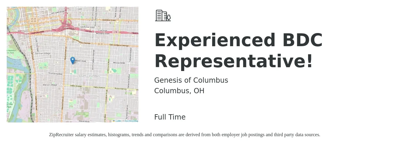 Genesis of Columbus job posting for a Experienced BDC Representative! in Columbus, OH with a salary of $14 to $19 Hourly with a map of Columbus location.