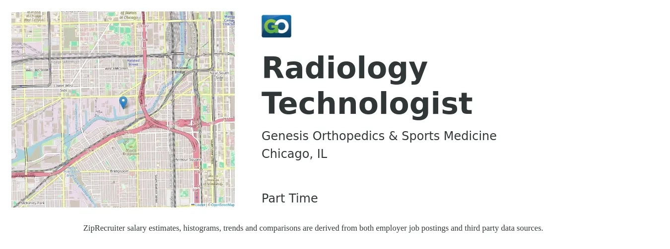 Genesis Orthopedics & Sports Medicine job posting for a Radiology Technologist in Chicago, IL with a salary of $1,200 to $2,490 Weekly with a map of Chicago location.