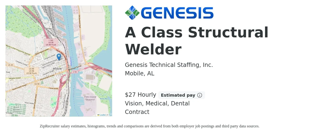 Genesis Technical Staffing, Inc. job posting for a A Class Structural Welder in Mobile, AL with a salary of $28 Hourly and benefits including life_insurance, medical, vision, and dental with a map of Mobile location.