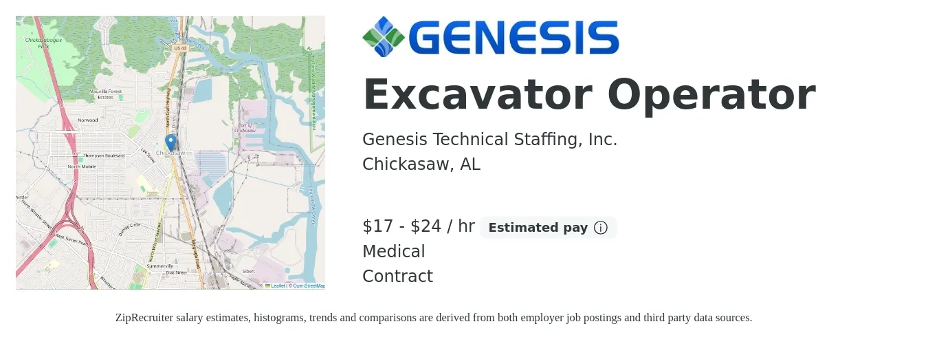 Genesis Technical Staffing, Inc. job posting for a Excavator Operator in Chickasaw, AL with a salary of $18 to $25 Hourly and benefits including medical with a map of Chickasaw location.