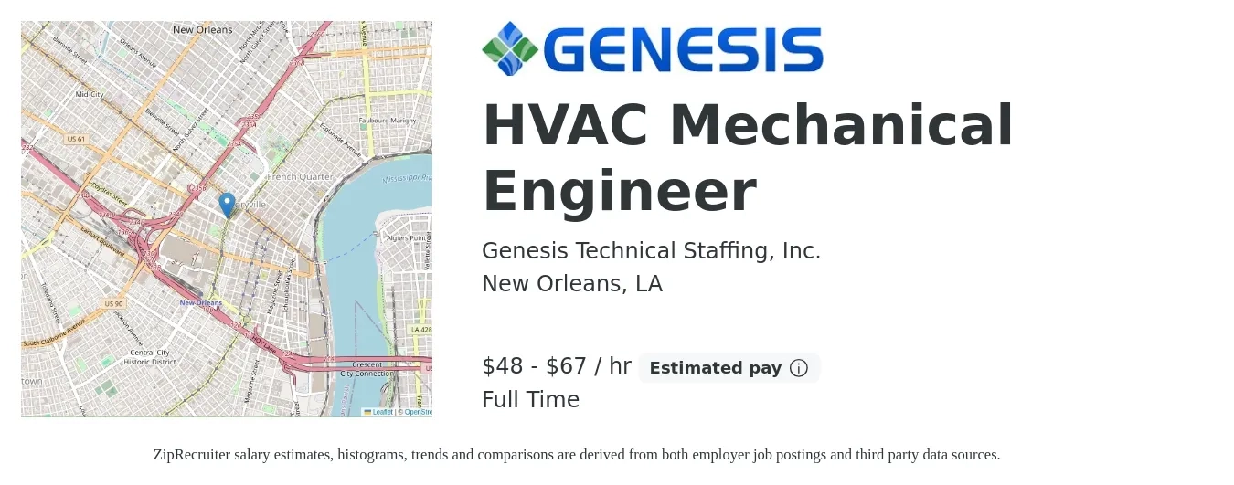 Genesis Technical Staffing, Inc. job posting for a HVAC Mechanical Engineer in New Orleans, LA with a salary of $50 to $70 Hourly with a map of New Orleans location.