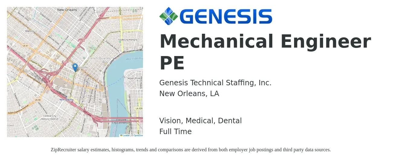 Genesis Technical Staffing, Inc. job posting for a Mechanical Engineer PE in New Orleans, LA with a salary of $78,300 to $121,500 Yearly and benefits including vision, dental, life_insurance, and medical with a map of New Orleans location.