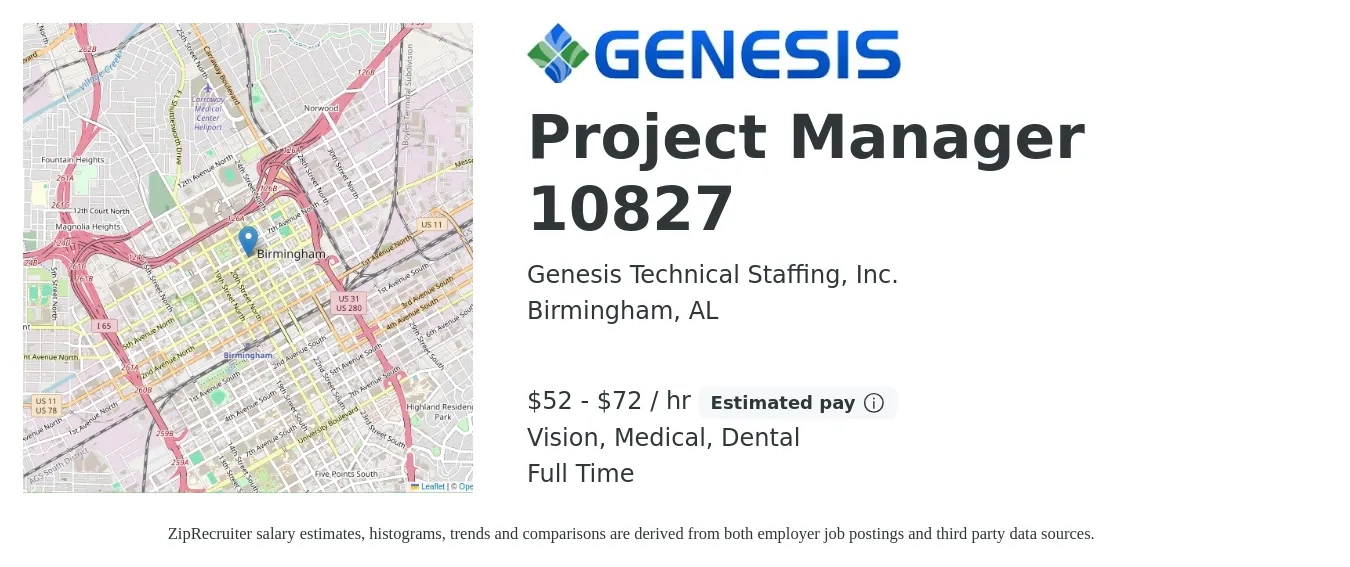 Genesis Technical Staffing, Inc. job posting for a Project Manager 10827 in Birmingham, AL with a salary of $55 to $75 Hourly and benefits including retirement, vision, dental, life_insurance, medical, and pto with a map of Birmingham location.