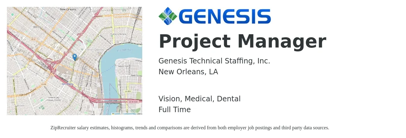 Genesis Technical Staffing, Inc. job posting for a Project Manager in New Orleans, LA with a salary of $75,400 to $118,100 Yearly and benefits including dental, life_insurance, medical, and vision with a map of New Orleans location.