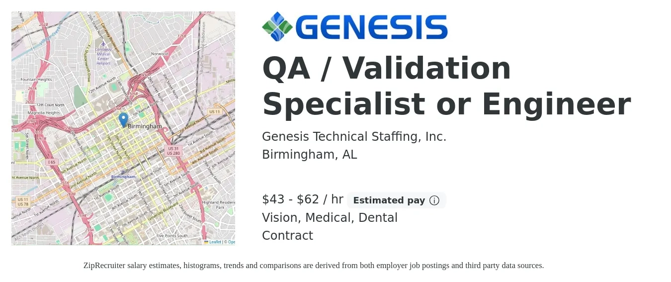 Genesis Technical Staffing, Inc. job posting for a QA / Validation Specialist or Engineer in Birmingham, AL with a salary of $45 to $65 Hourly and benefits including dental, life_insurance, medical, pto, and vision with a map of Birmingham location.