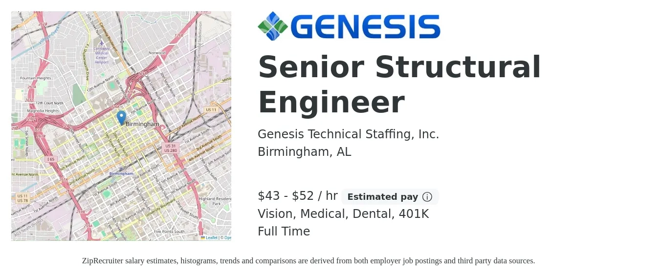 Genesis Technical Staffing, Inc. job posting for a Senior Structural Engineer in Birmingham, AL with a salary of $45 to $55 Hourly and benefits including 401k, dental, medical, and vision with a map of Birmingham location.