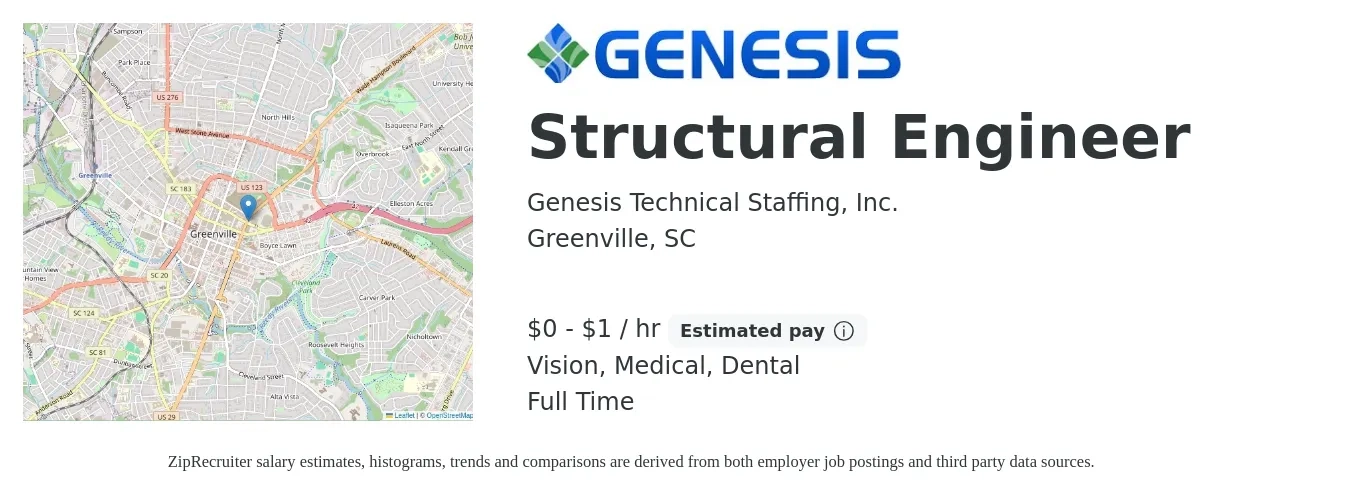 Genesis Technical Staffing, Inc. job posting for a Structural Engineer in Greenville, SC with a salary of $1 to $1 Hourly and benefits including vision, dental, medical, pto, and retirement with a map of Greenville location.