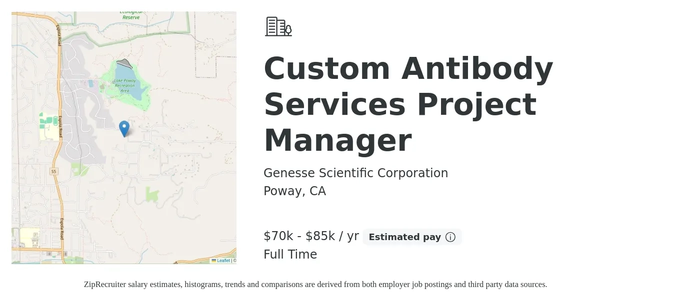 Genesse Scientific Corporation job posting for a Custom Antibody Services Project Manager in Poway, CA with a salary of $70,000 to $85,000 Yearly with a map of Poway location.