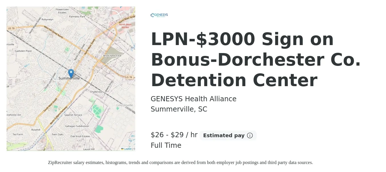 GENESYS Health Alliance job posting for a LPN-$3000 Sign on Bonus-Dorchester Co. Detention Center in Summerville, SC with a salary of $28 to $31 Hourly with a map of Summerville location.